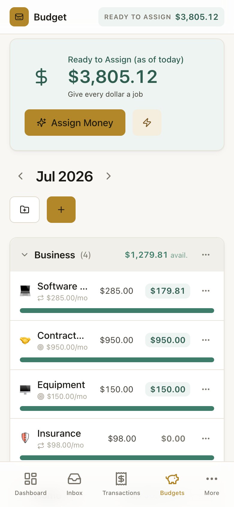 A budgeting app on a phone — envelope categories, every dollar assigned a job