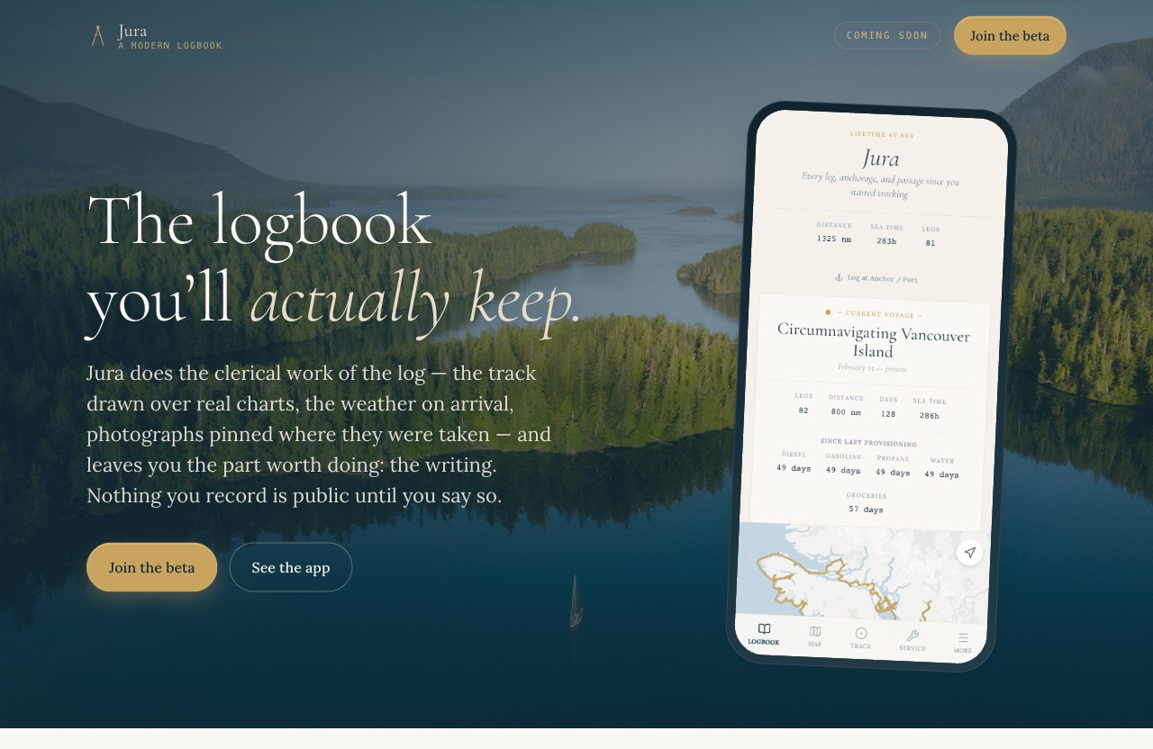 Jura — the sailing logbook's new site: 'The logbook you'll actually keep' over a fjord, with the app on a phone