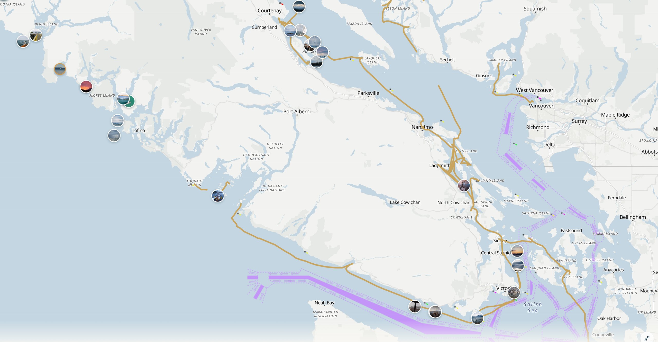 Jura's Log — a live map of sailing tracks along Vancouver Island's coasts