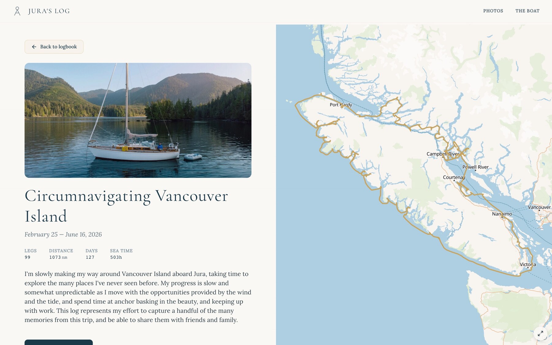 A voyage page — the boat at anchor, 'Circumnavigating Vancouver Island', the charted track beside it