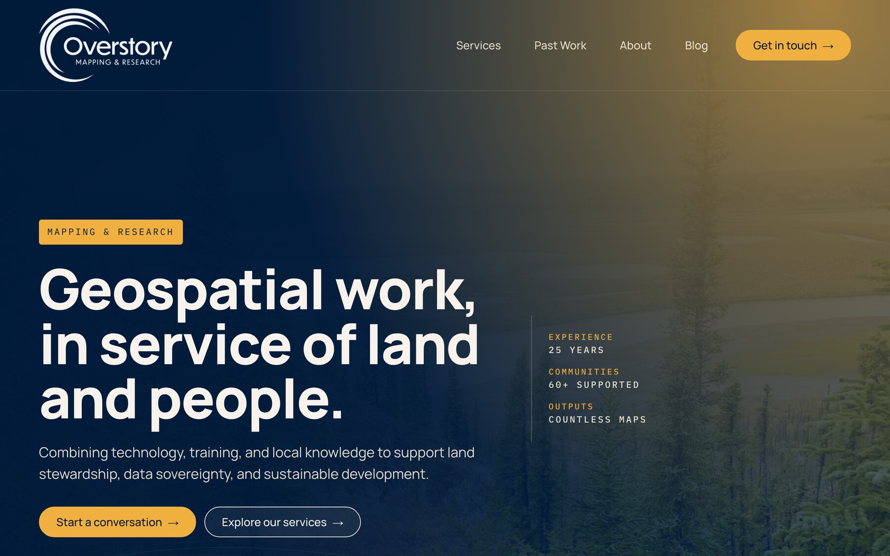 The Overstory Mapping website — deep navy hero reading 'Geospatial work, in service of land and people'